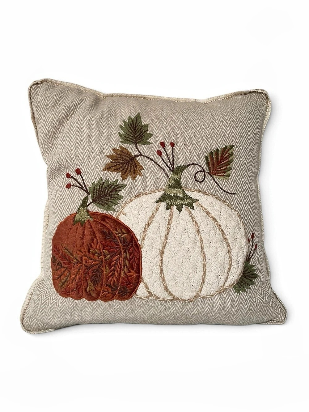 Pier 1 Embroidered Pumpkin Accent Pillow Cream & Orange Like New